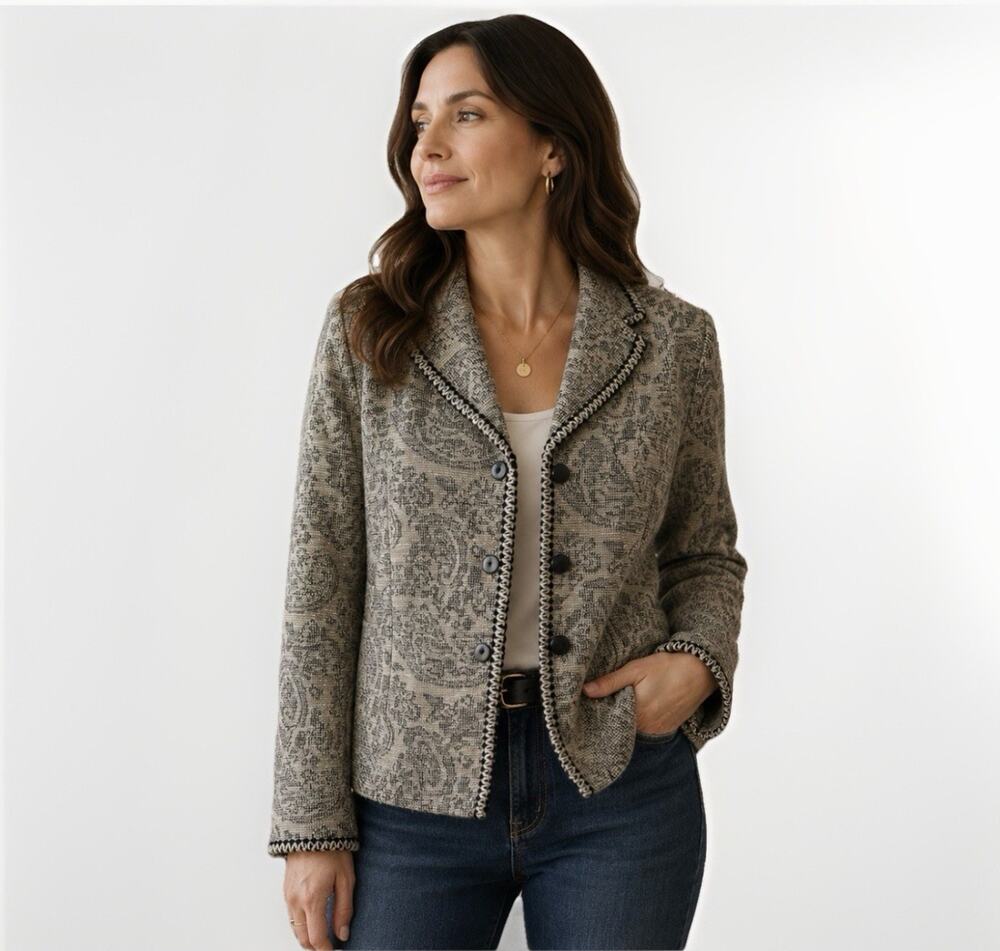 Koret Petite Paisley Knit Blazer Jacket MP Beige Black Button Front Career